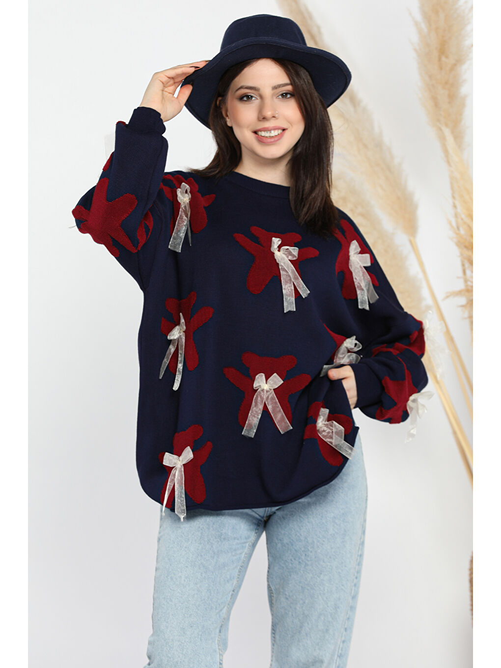 Lacivert Ayıcık Desenli Kurdeleli Bisiklet Yaka Kadın Triko Kazak