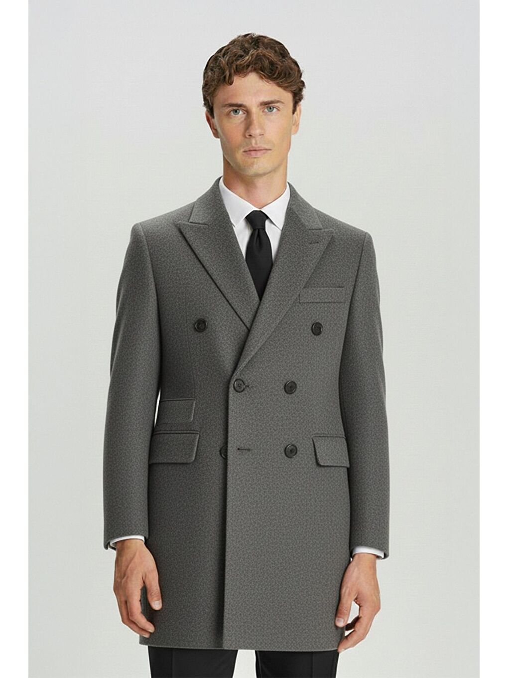 Gri Giotelli Antrasit Slim Fit Yün Karışımlı Sivri Yaka Kruvaze 6 Drop Orta Boy Erkek Palto