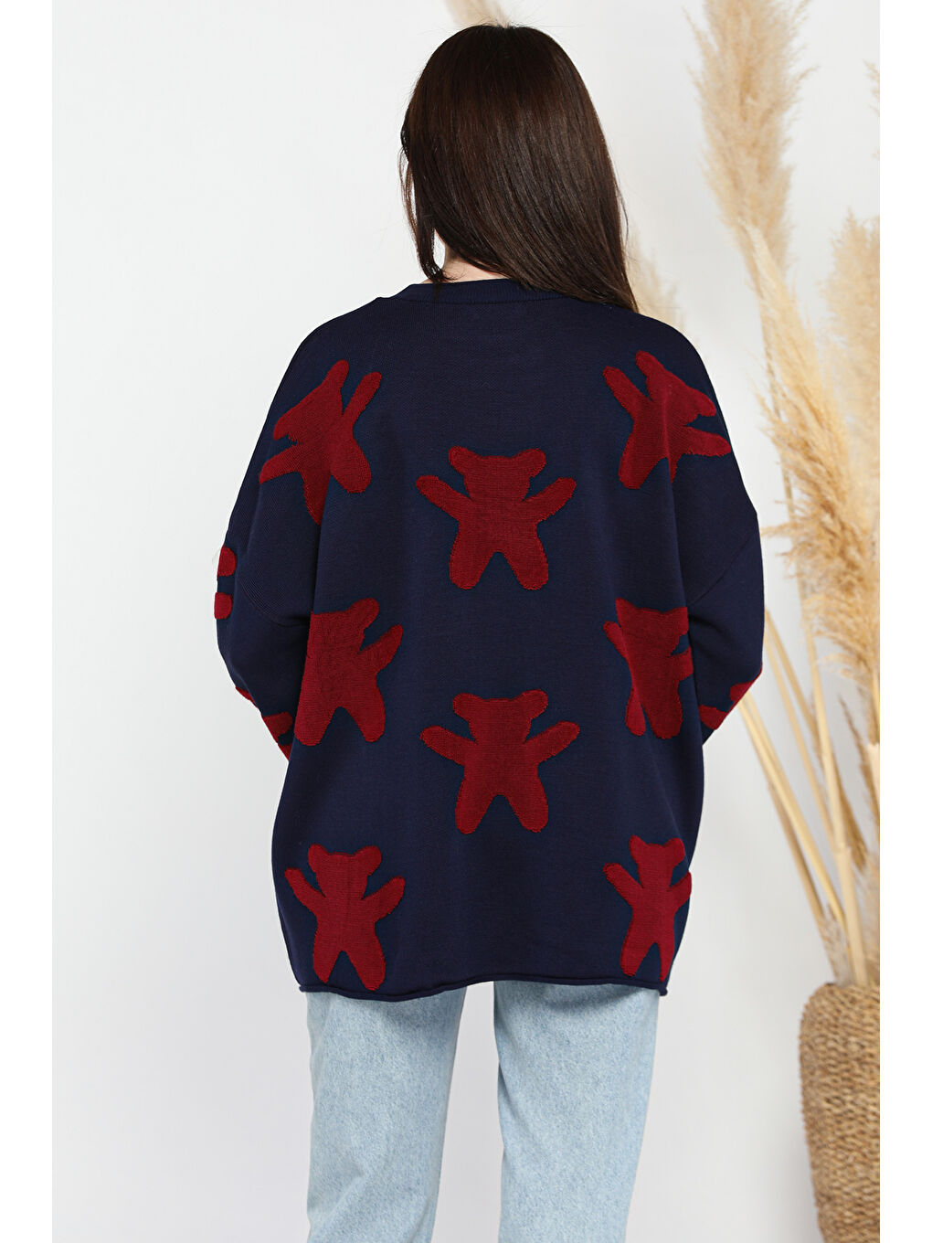 Lacivert Ayıcık Desenli Kurdeleli Bisiklet Yaka Kadın Triko Kazak-2