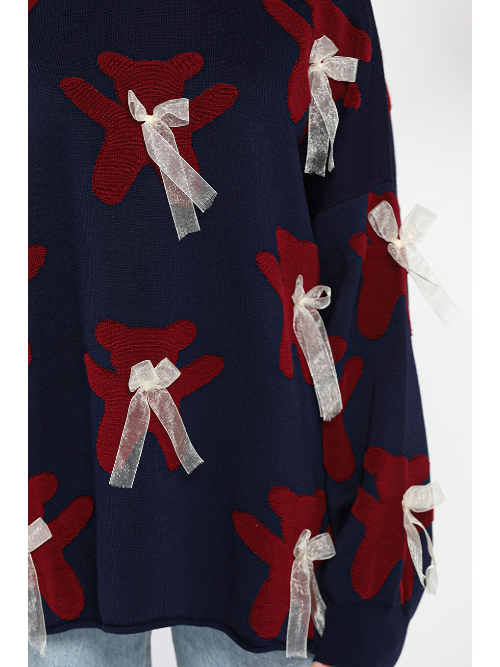 Lacivert Ayıcık Desenli Kurdeleli Bisiklet Yaka Kadın Triko Kazak-3