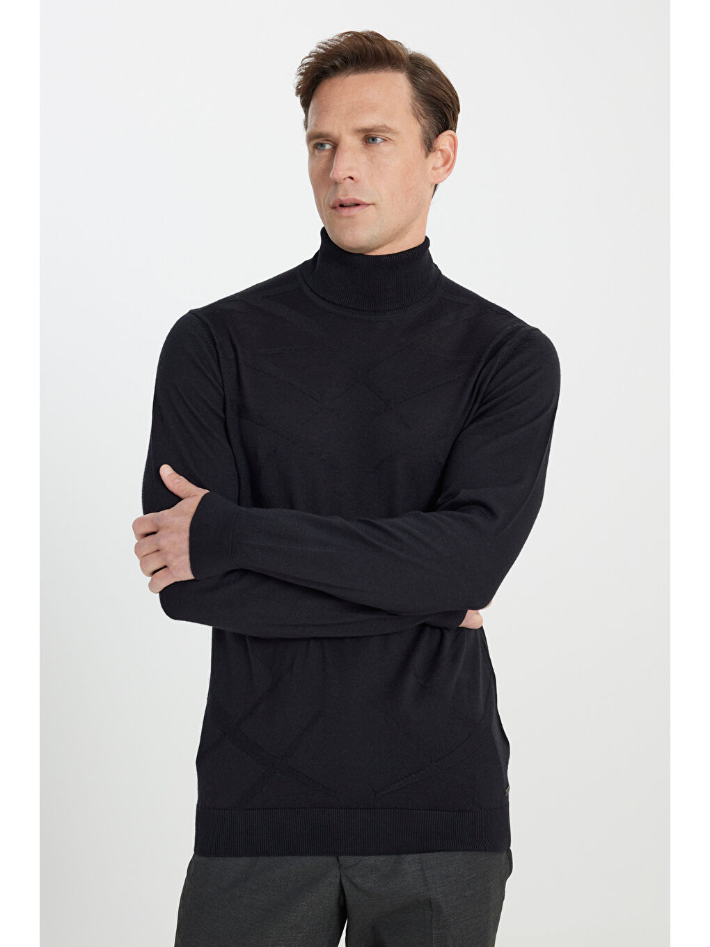 Erkek Siyah Sıcak Tutan Standart Fit Normal Kesim Tam Balıkçı Yaka Jakarlı Yünlü Triko Kazak-3