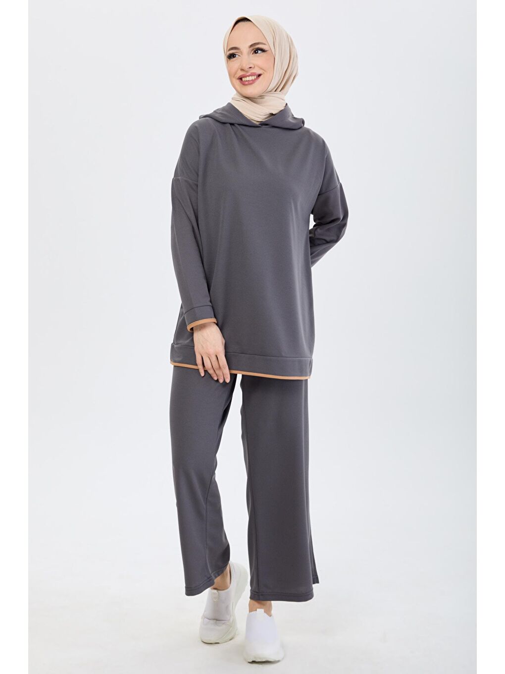 Kapüşonlu Yaka Kadın Antrasit Büyük Beden Beden Tunik Pantolon - 13098-1
