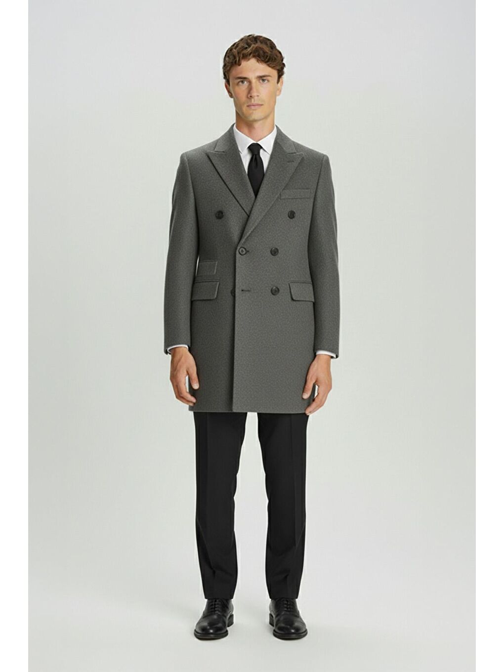 Gri Giotelli Antrasit Slim Fit Yün Karışımlı Sivri Yaka Kruvaze 6 Drop Orta Boy Erkek Palto-1