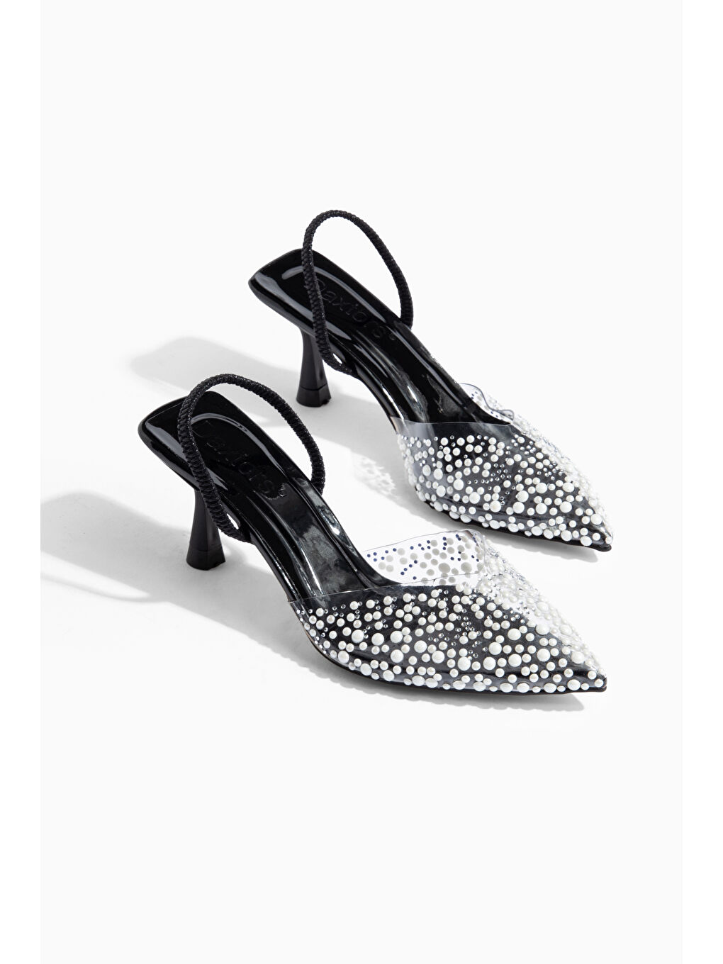 Siyah İncili Kadın Stiletto Taşlı Sivri Burun Arkası Açık Abiye Topuklu Ayakkabı