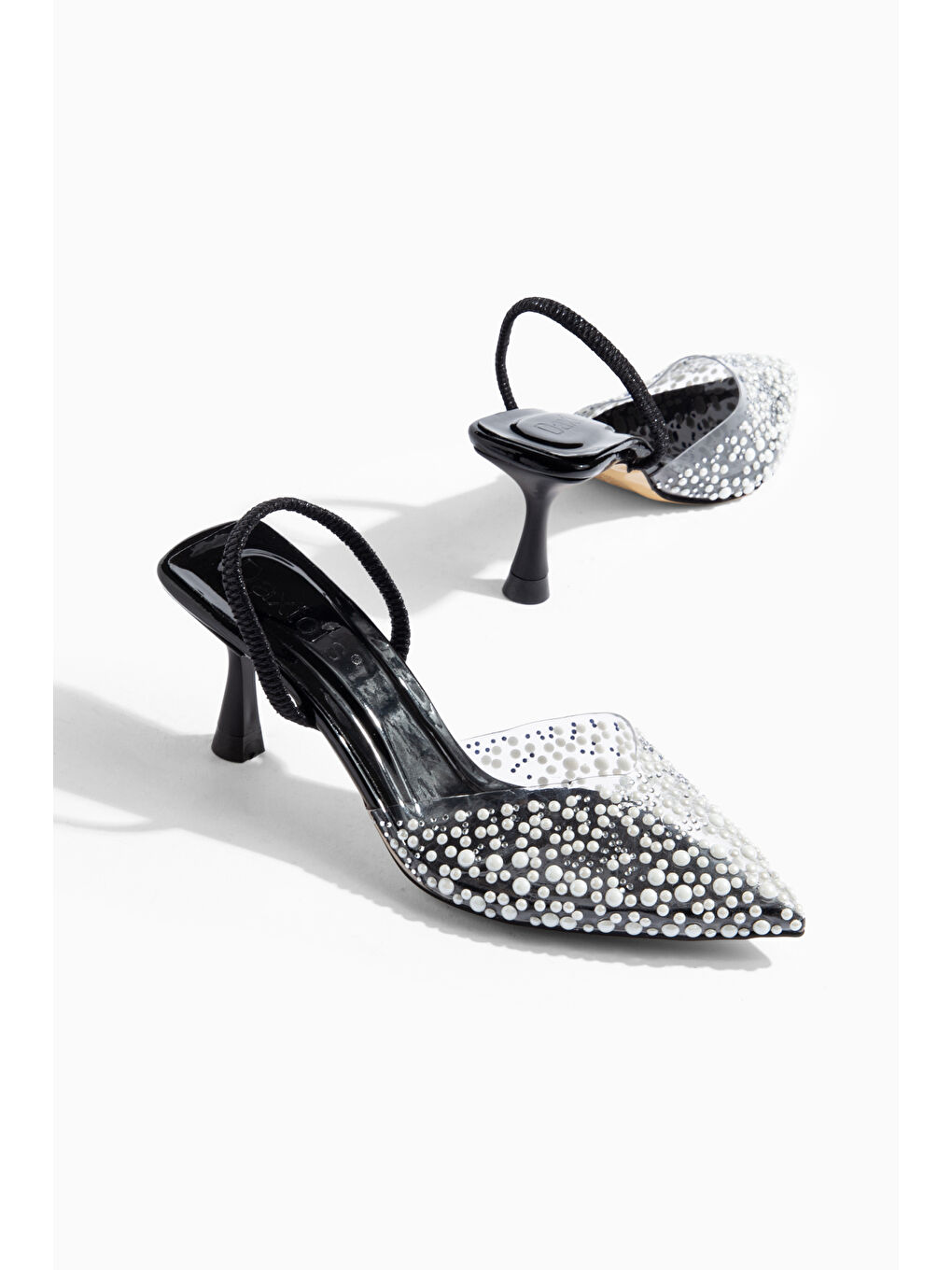 Siyah İncili Kadın Stiletto Taşlı Sivri Burun Arkası Açık Abiye Topuklu Ayakkabı-1