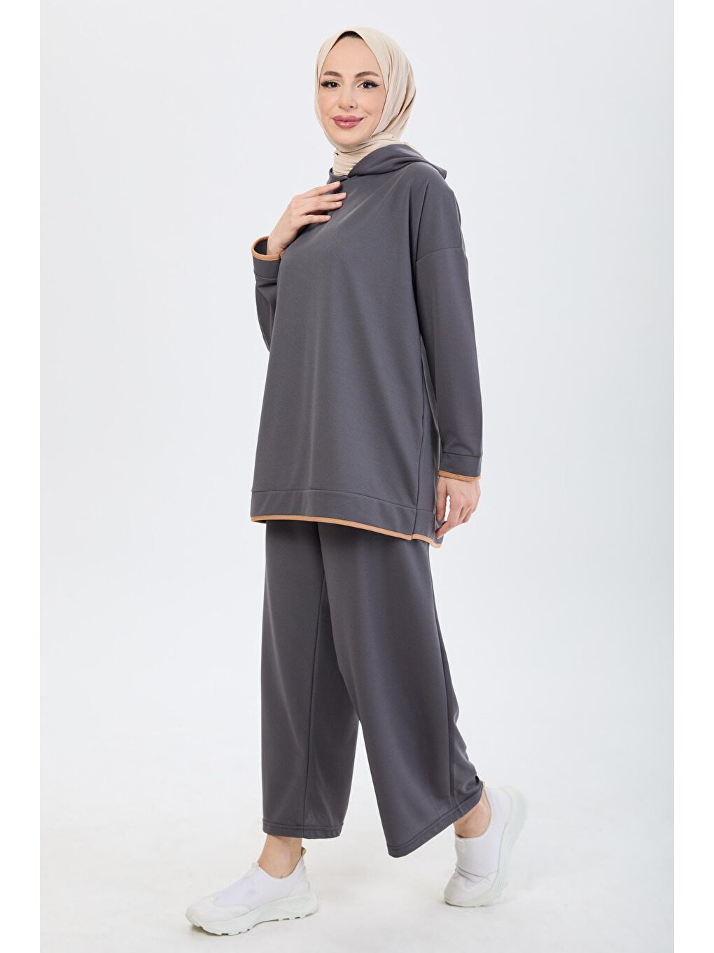 Kapüşonlu Yaka Kadın Antrasit Büyük Beden Beden Tunik Pantolon - 13098-2