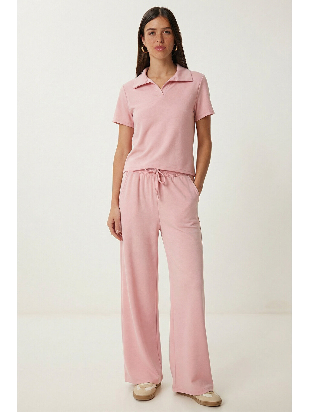 Polo Yaka Esnek Örme Alt-üst Takım Pembe Lby0038