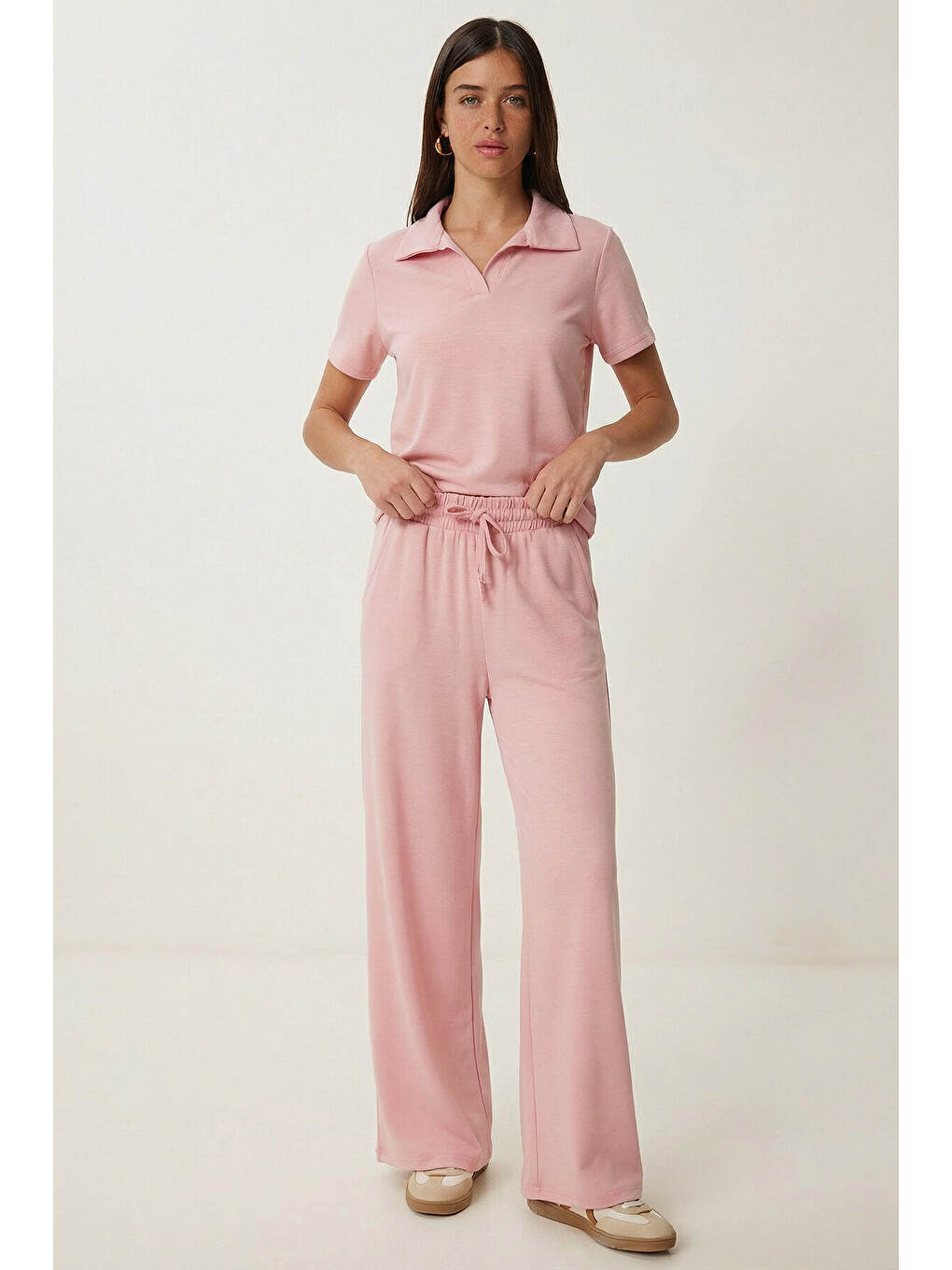 Polo Yaka Esnek Örme Alt-üst Takım Pembe Lby0038-1
