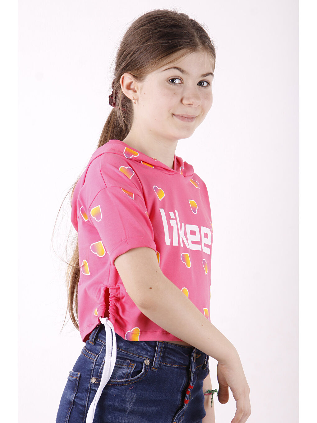 Fuşya Kız Çocuk Likee Baskılı Kapüşonlu Tişört-1