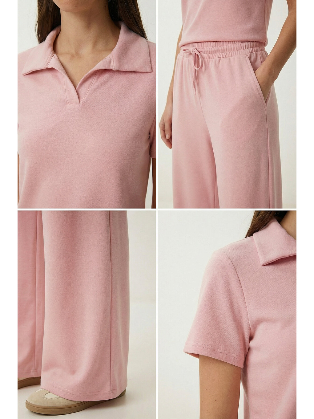Polo Yaka Esnek Örme Alt-üst Takım Pembe Lby0038-2