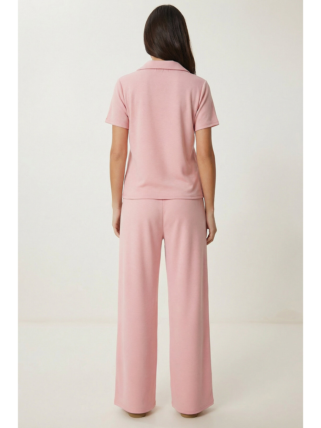 Polo Yaka Esnek Örme Alt-üst Takım Pembe Lby0038-3