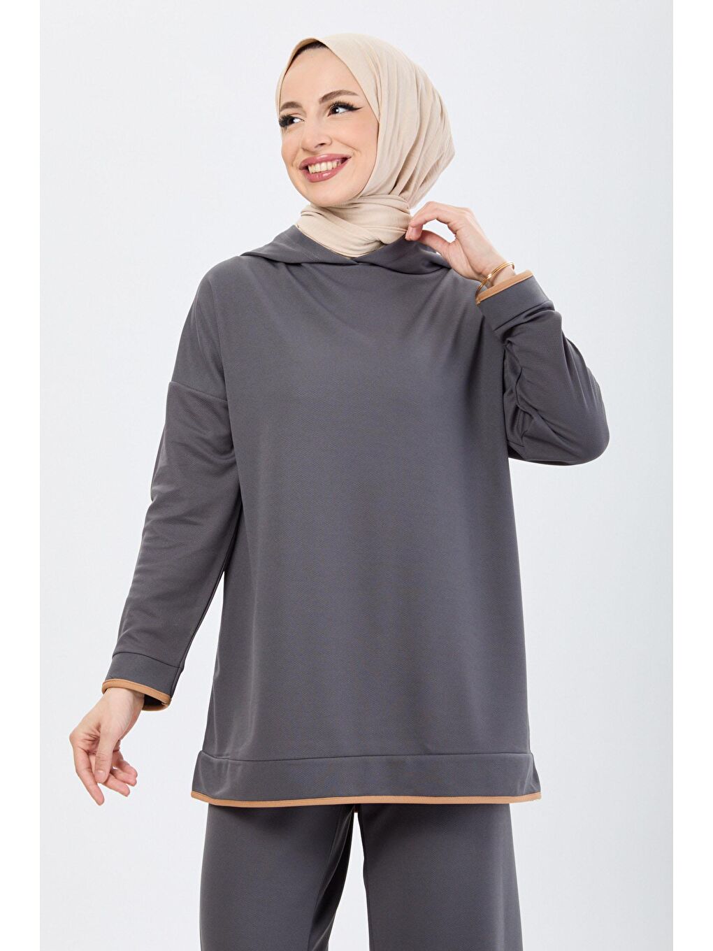 Kapüşonlu Yaka Kadın Antrasit Büyük Beden Beden Tunik Pantolon - 13098-3