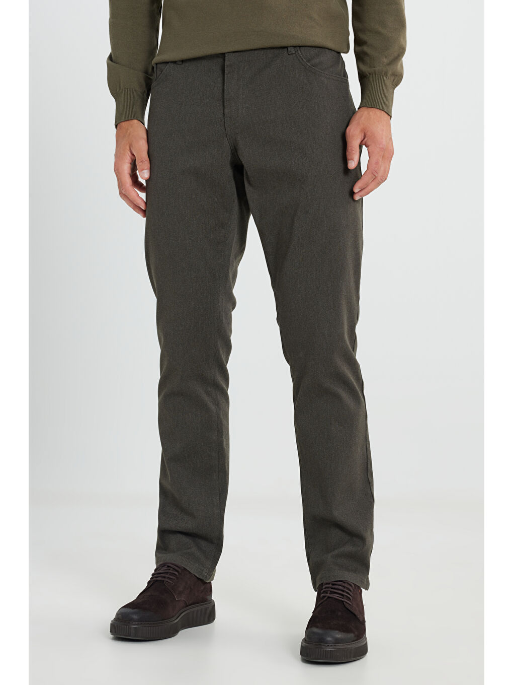 Erkek Kahverengi Pamuklu Slim Fit 5 Cep Armürlü Esnek Casual Pantolon-1