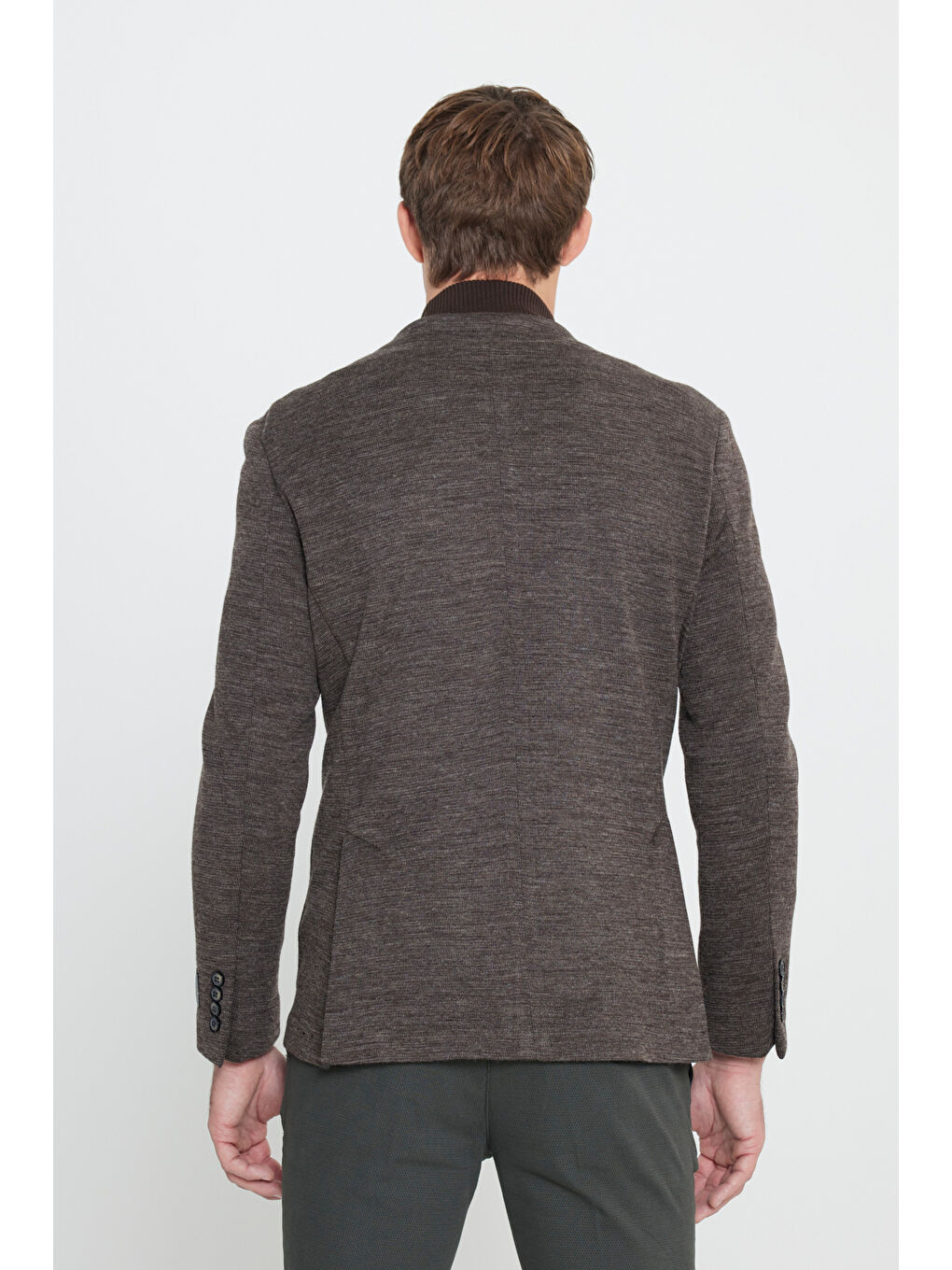 Erkek Kahverengi Slim Fit Dar Kesim Mono Yaka Yünlü Armürlü Torba Cepli Blazer Ceket-5