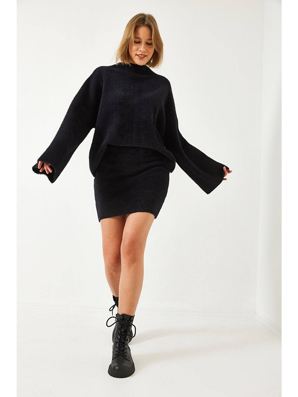 Siyah Kadın Etekli Triko Alt Üst Takım-6