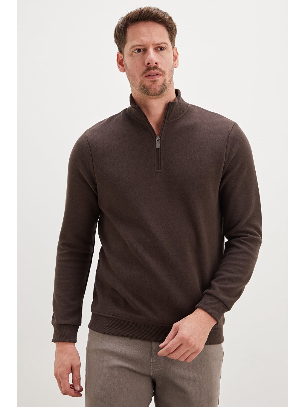 Kahverengi Fitilli Dik Yaka Yarım Fermuarlı Sweatshirt-3