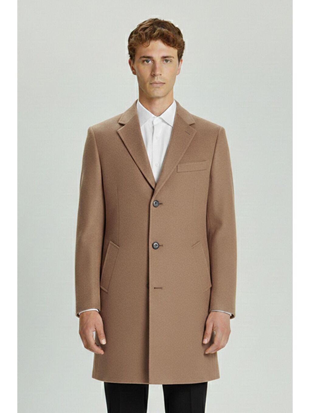 Kahverengi Giotelli Camel Regular Fit Yün Karışımlı Ceket Yaka Orta Boy Erkek Palto