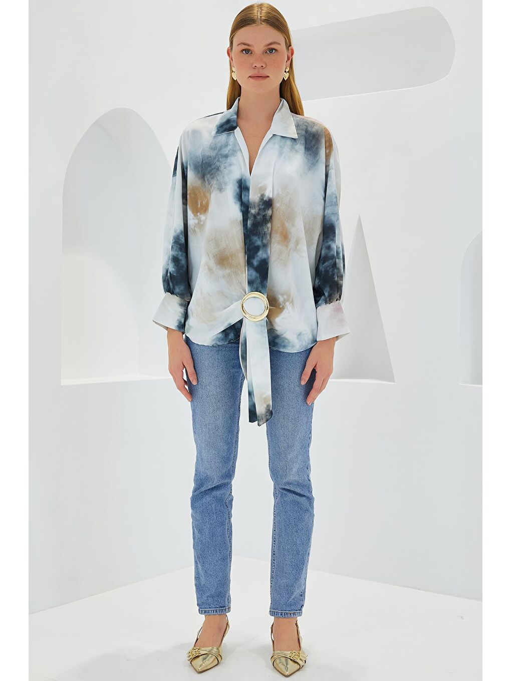 Kadın Antrasit Ekru Oversize Dökümlü Saten Gömlek 907-1