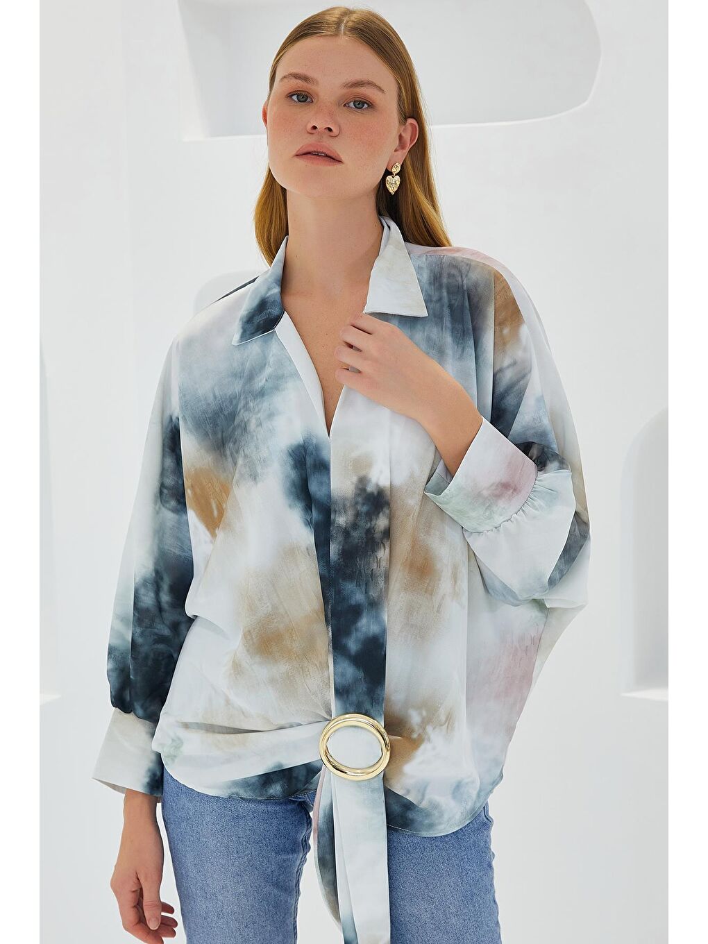 Kadın Antrasit Ekru Oversize Dökümlü Saten Gömlek 907-2