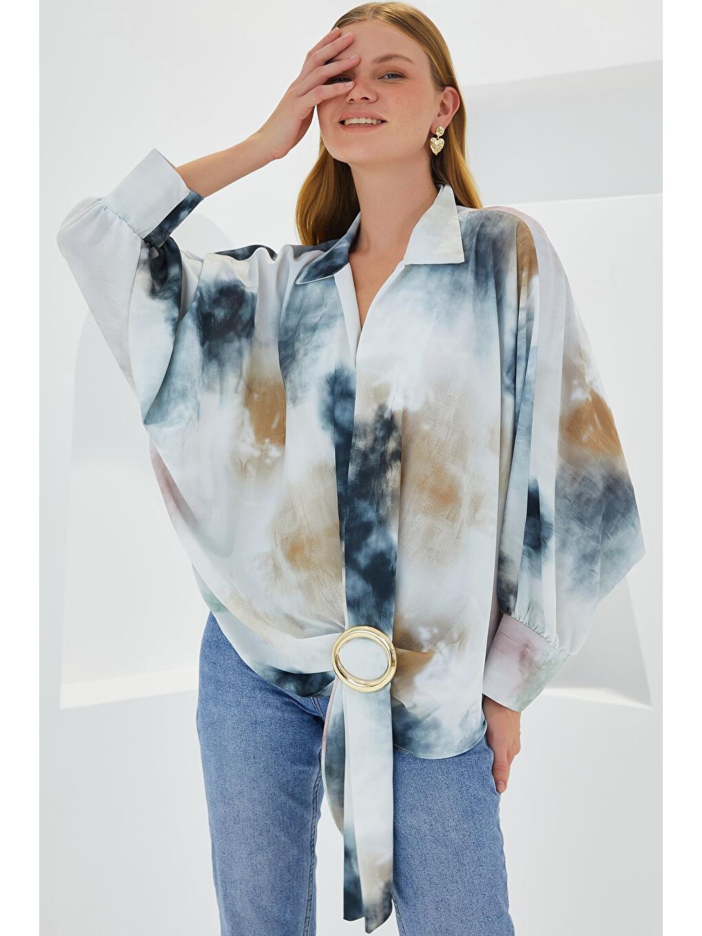 Kadın Antrasit Ekru Oversize Dökümlü Saten Gömlek 907-3