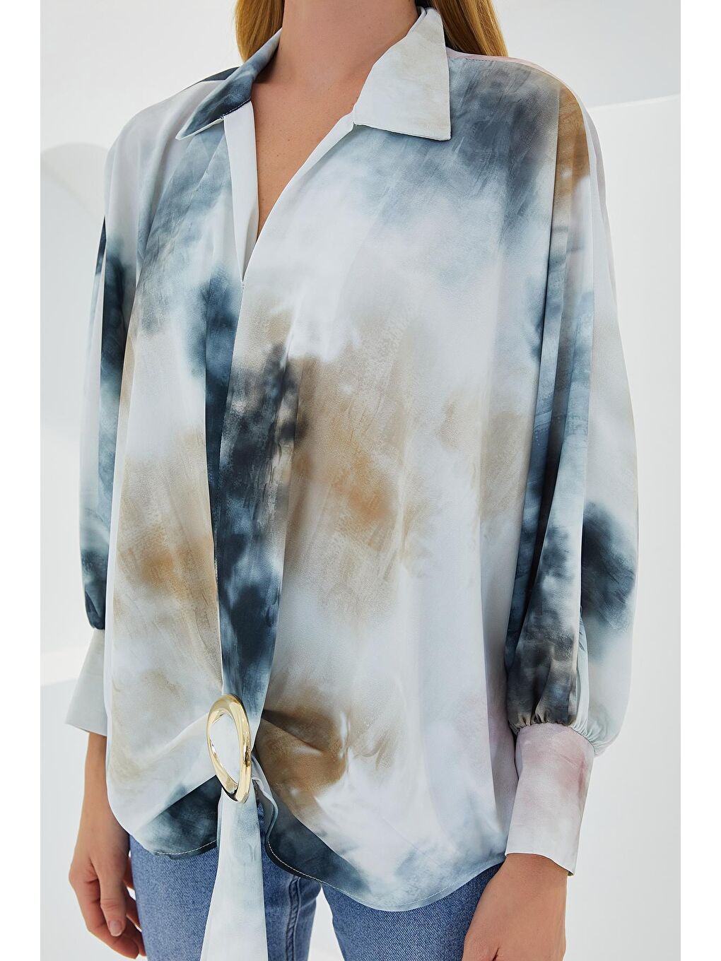 Kadın Antrasit Ekru Oversize Dökümlü Saten Gömlek 907-4