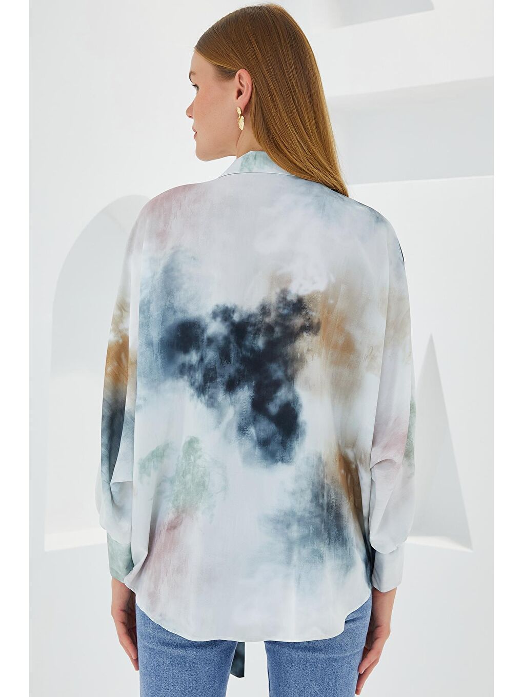 Kadın Antrasit Ekru Oversize Dökümlü Saten Gömlek 907-5