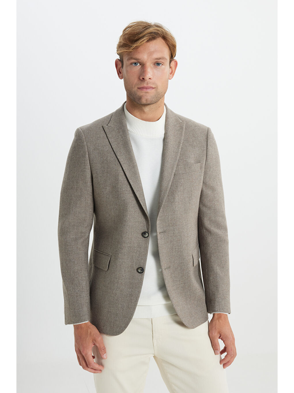 Bej Erkek Vizon Yünlü Regular Fit Normal Kesim Kırlangıç Yaka Kapak Cepli Ceket-6