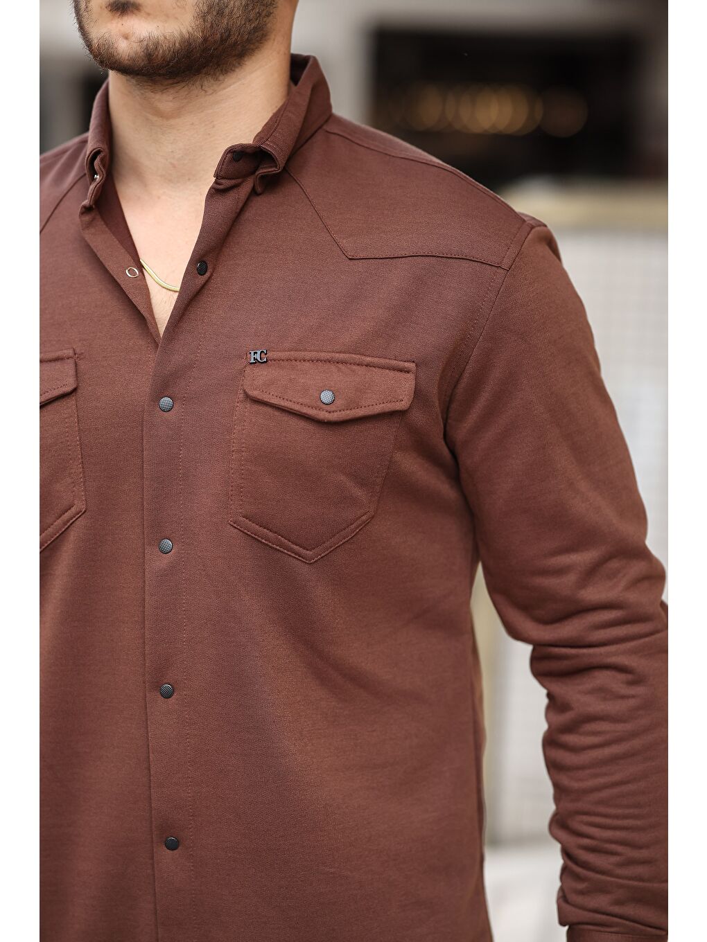 Kahverengi Çıtçıtlı Çift Cep Kışlık Gömlek-1