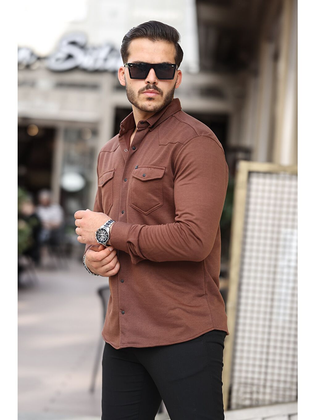 Kahverengi Çıtçıtlı Çift Cep Kışlık Gömlek-2