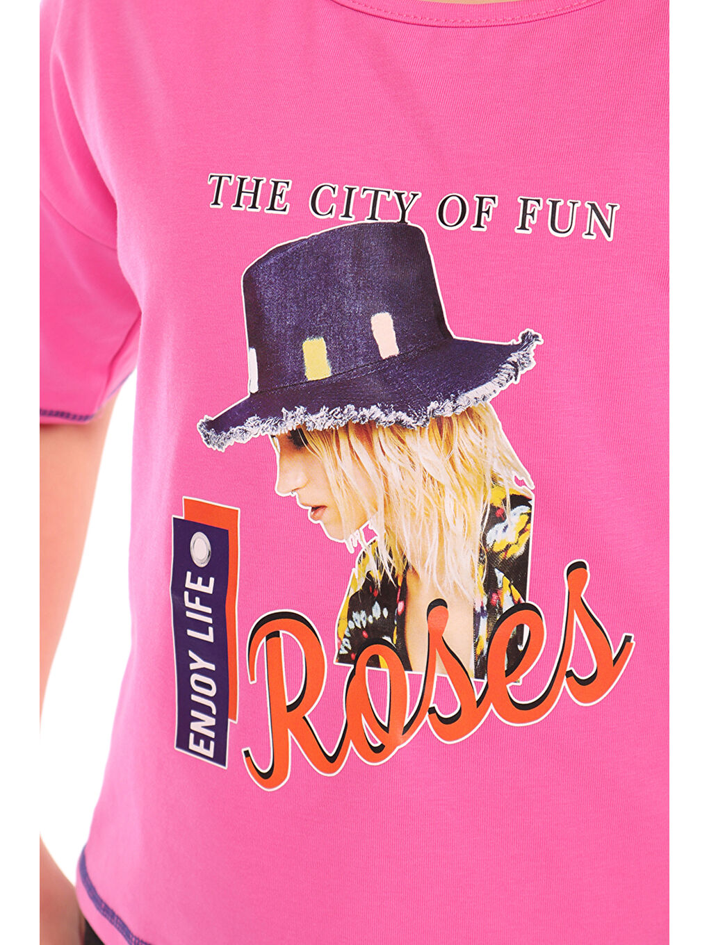 Fuşya Kız Çocuk Roses Yazı Baskılı Tişört-1