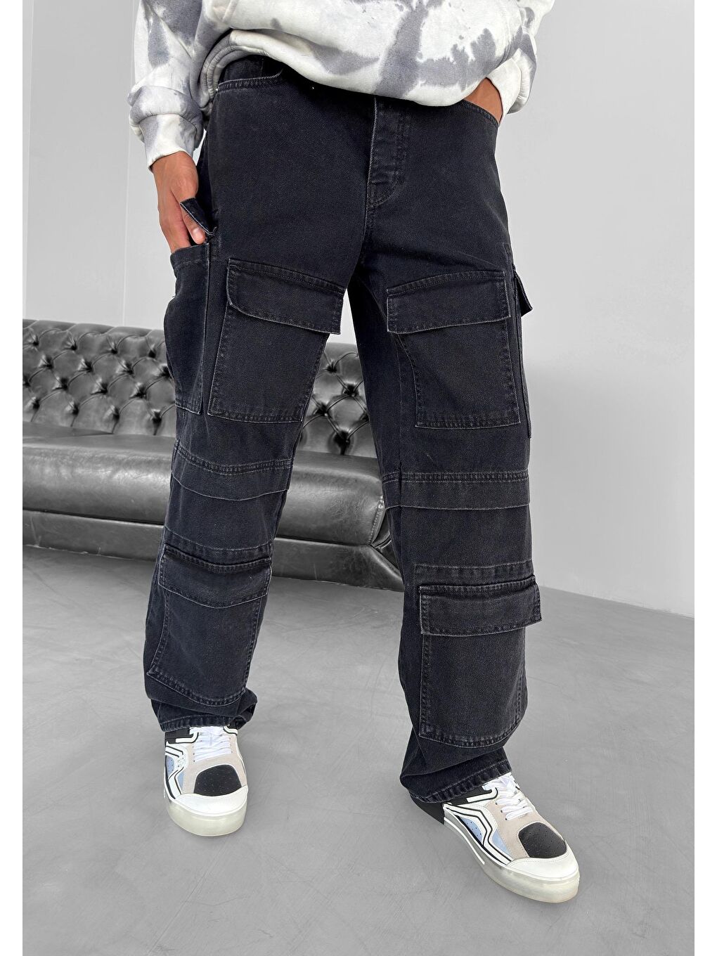 Erkek Baggy Fit Kargo Jean Pantolon Siyah