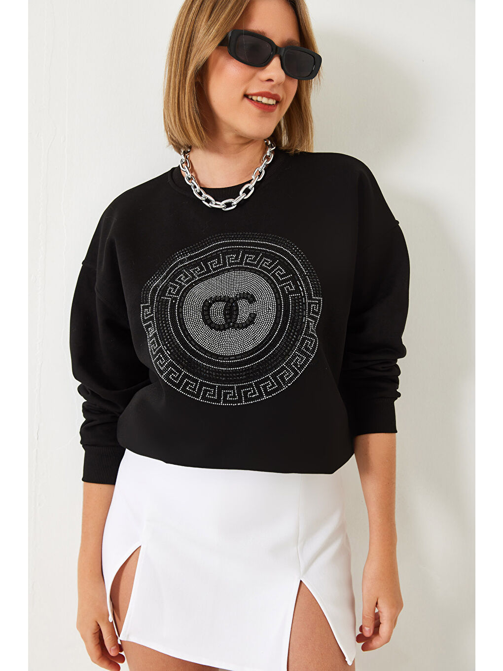Siyah Kadın Taş İşlemeli Sweatshirt