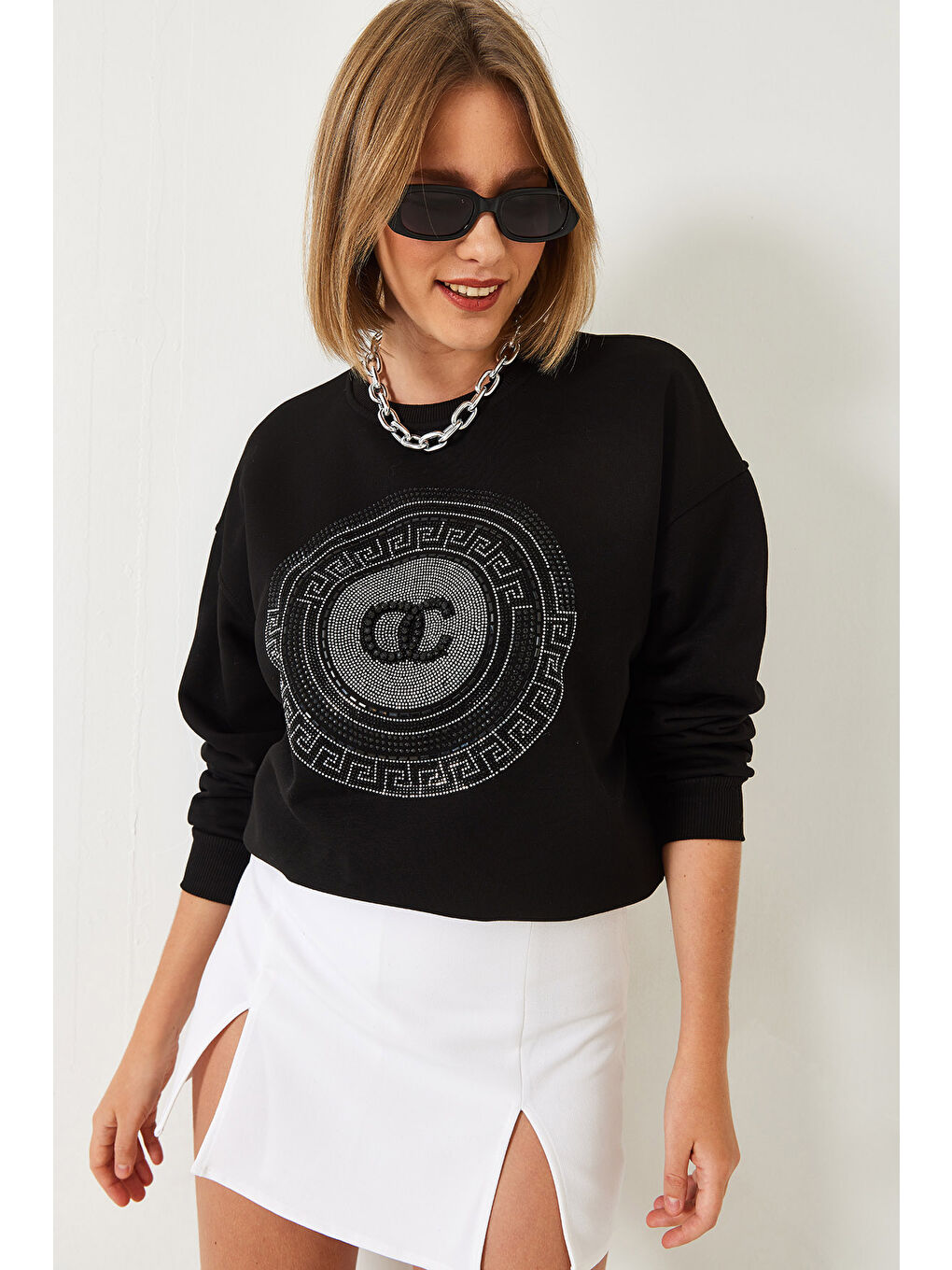 Siyah Kadın Taş İşlemeli Sweatshirt-2