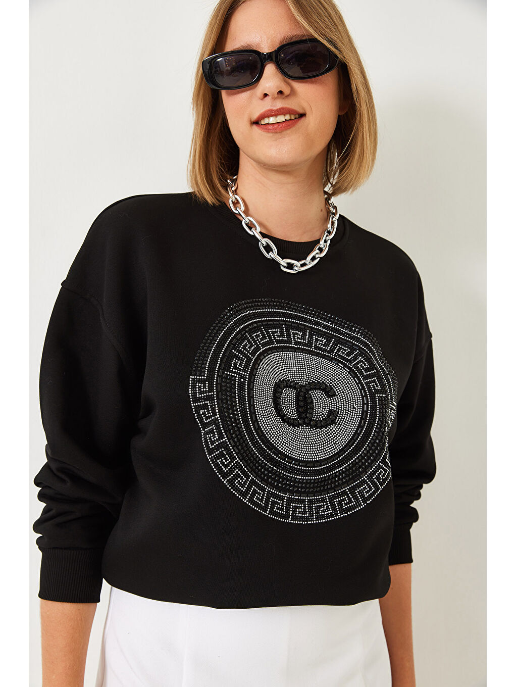 Siyah Kadın Taş İşlemeli Sweatshirt-3