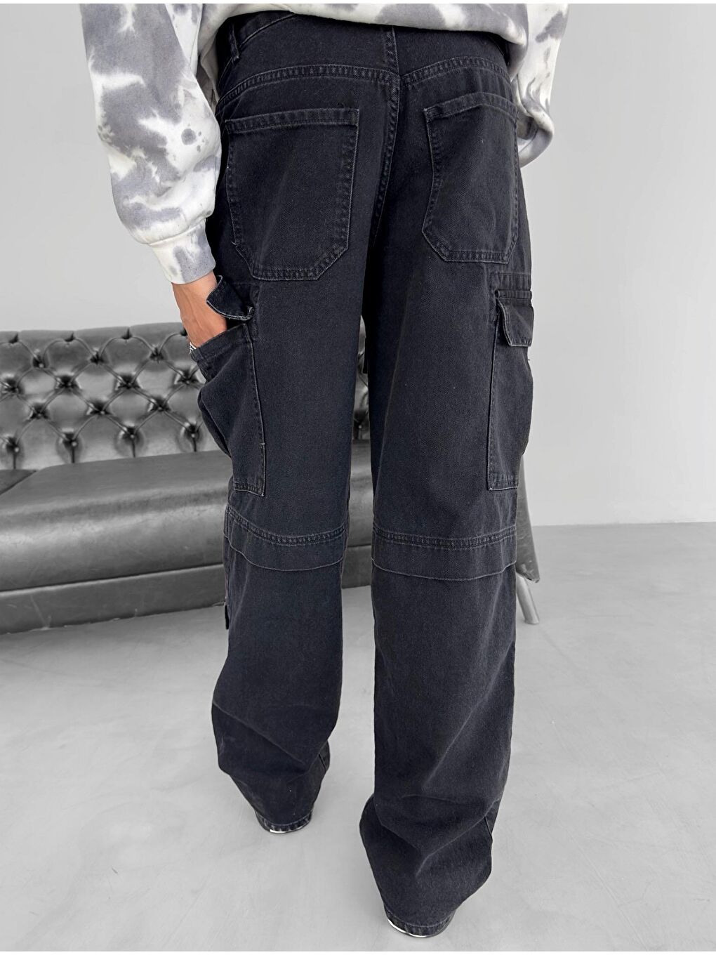 Erkek Baggy Fit Kargo Jean Pantolon Siyah-1