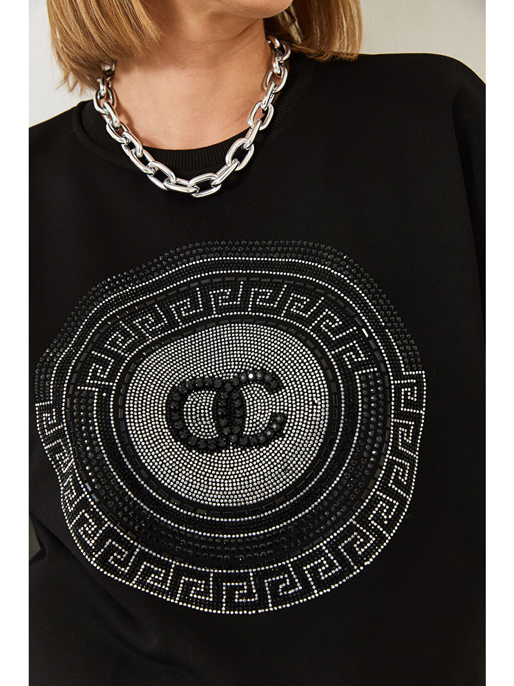 Siyah Kadın Taş İşlemeli Sweatshirt-4