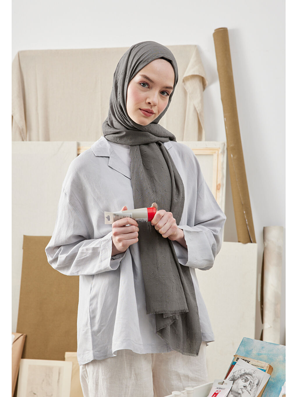 Bambu Şal Soğuk Gri-4