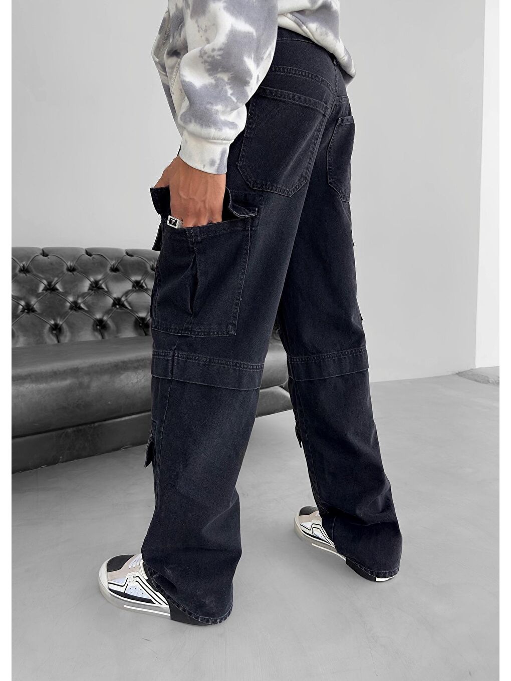 Erkek Baggy Fit Kargo Jean Pantolon Siyah-2