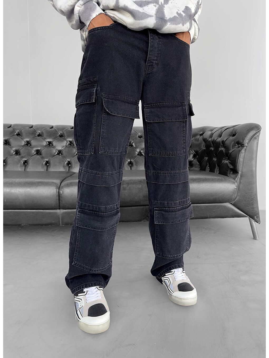 Erkek Baggy Fit Kargo Jean Pantolon Siyah-3