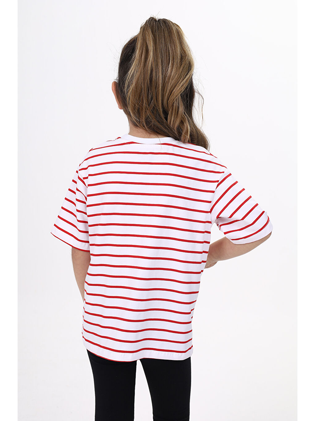 Kırmızı Unisex Çocuk Çizgili Tişört-2