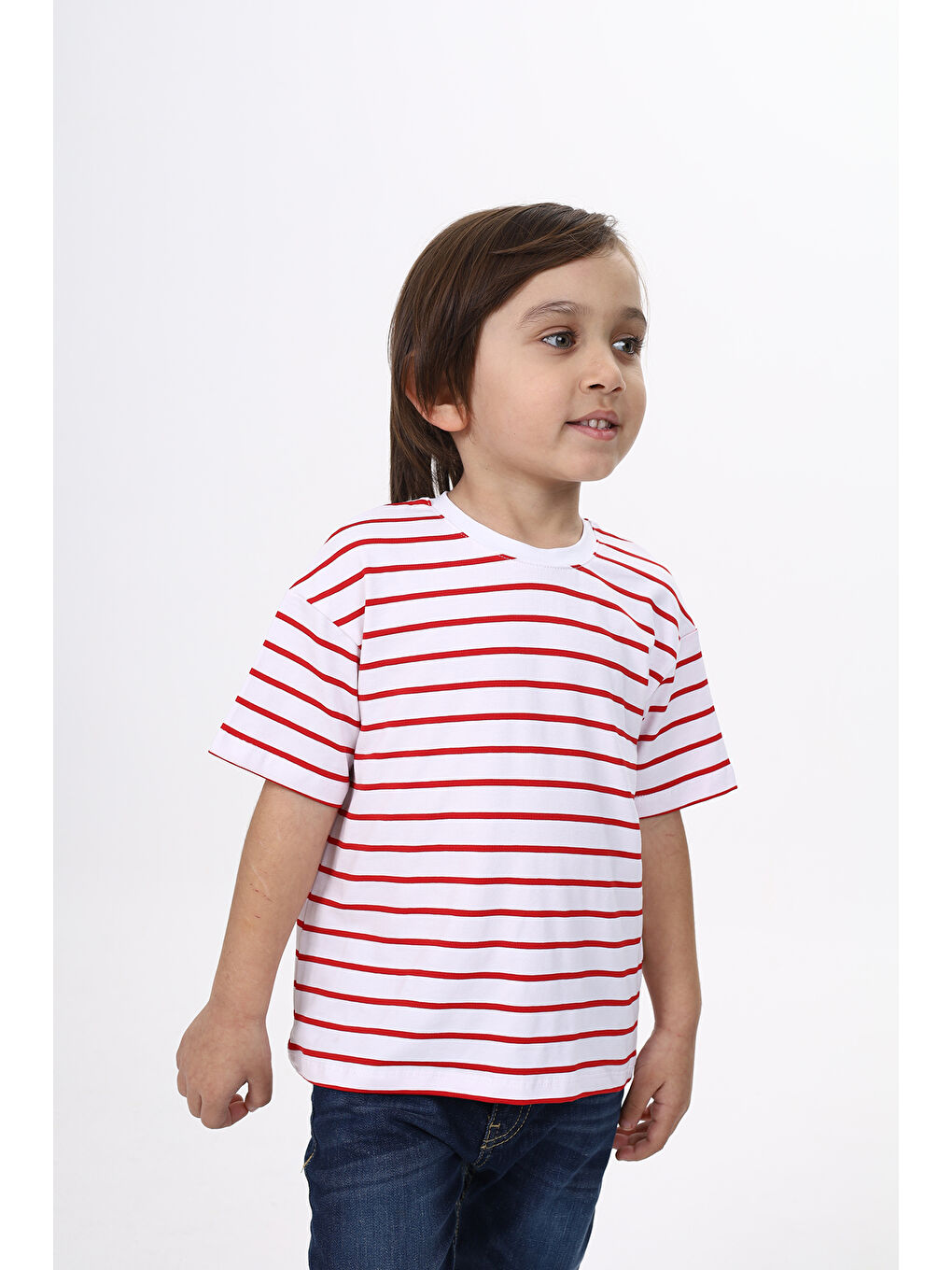 Kırmızı Unisex Çocuk Çizgili Tişört-3