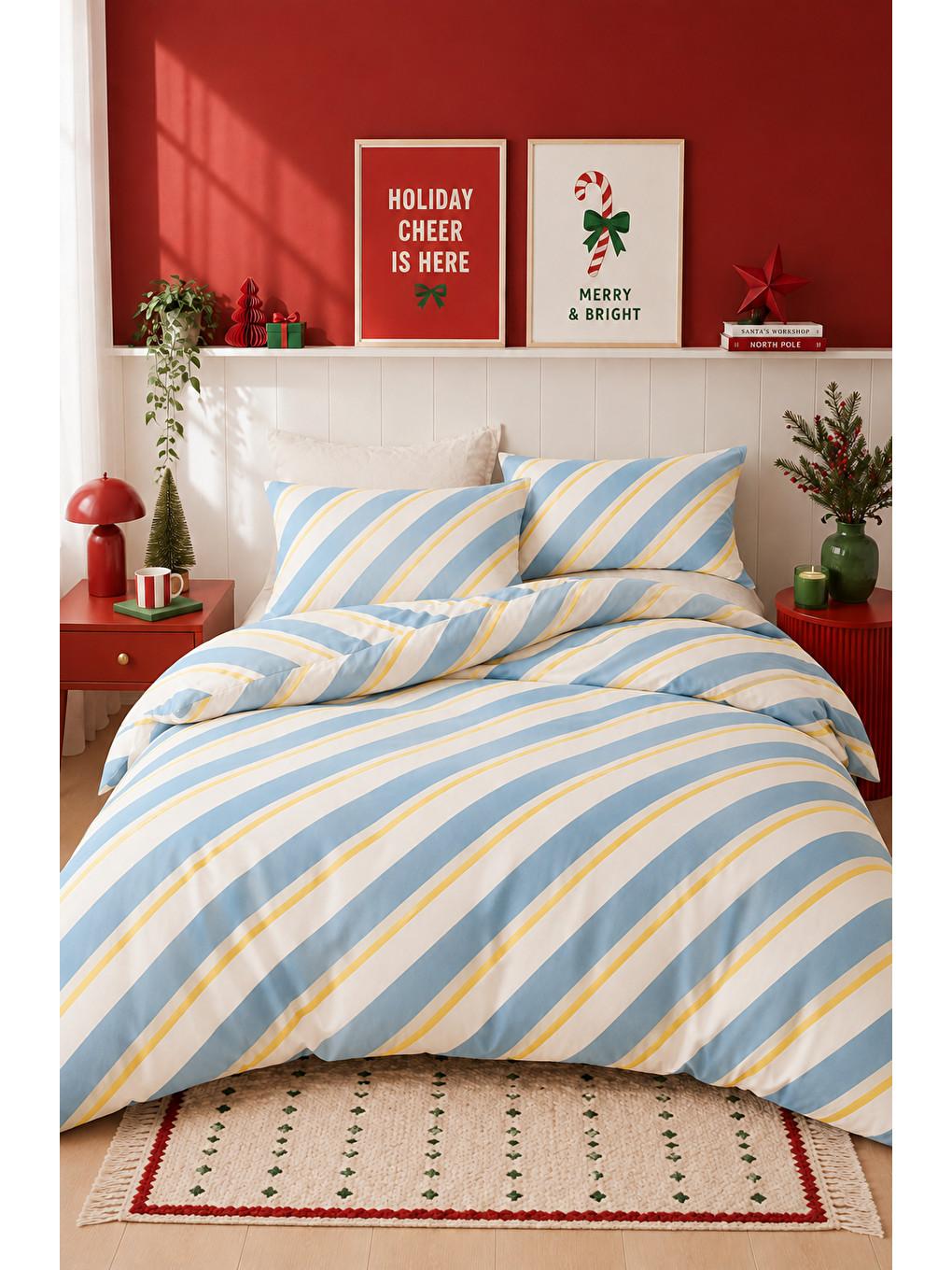 Ekru Çapraz Çizgili Modern Nevresim Seti Bebe Mavi Ve Sarı 200x220 Çift Kişilik Yorgan Kılıfı