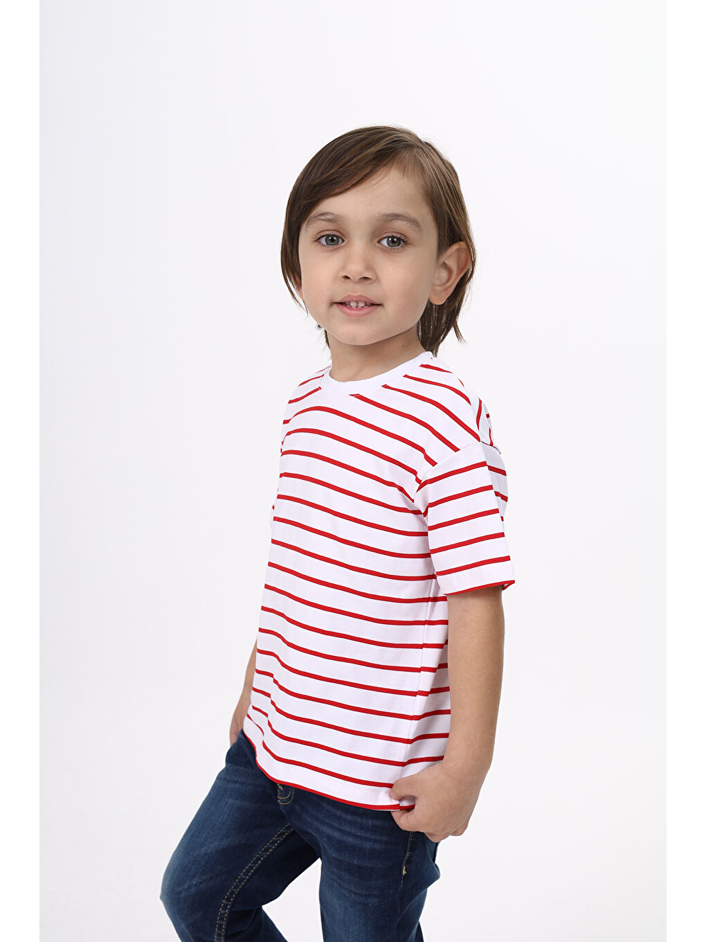 Kırmızı Unisex Çocuk Çizgili Tişört-4