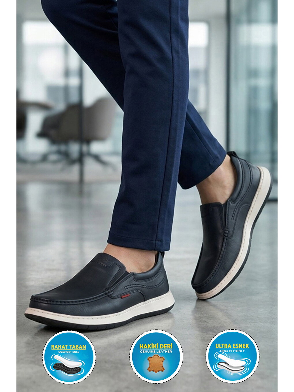 Erkek Lacivert Hakiki Deri Kolay Giyilebilir Hafızalı Rahat Taban Casual Ayakkabı Loafer 6501 M-2