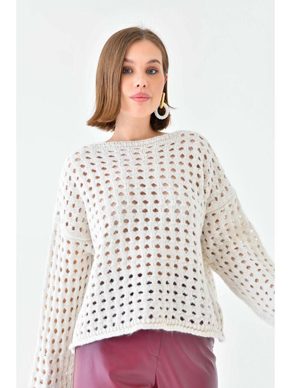 Bej Simli Örgü Detaylı Oversize Bisiklet Yaka Triko Kazak-1