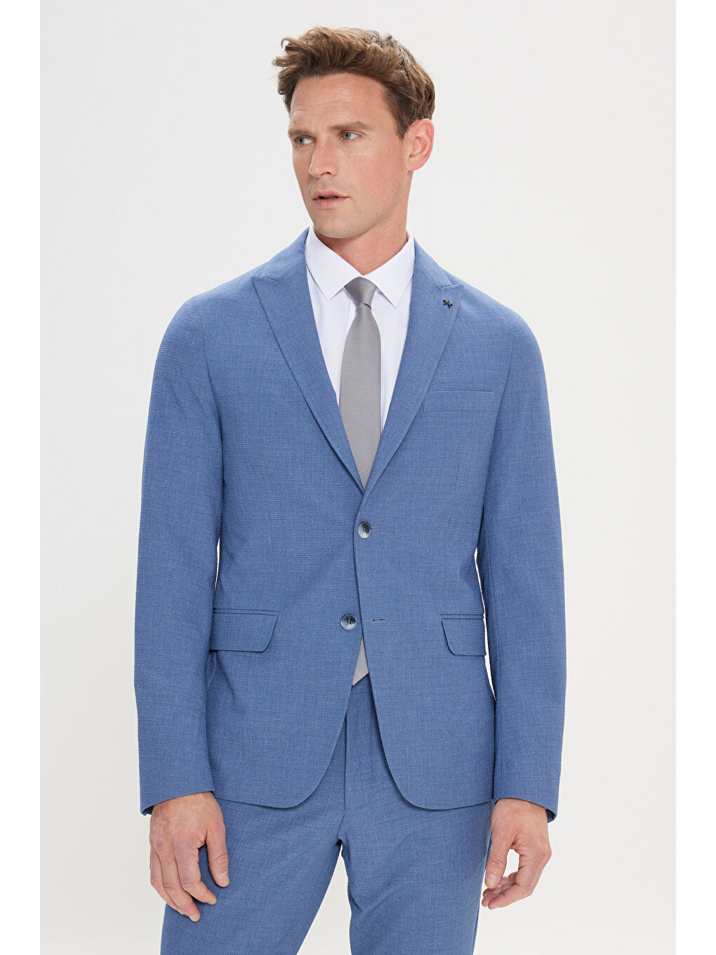 Erkek Mavi Slim Fit Kırlangıç Yaka Gofre Desenli Takım Elbise