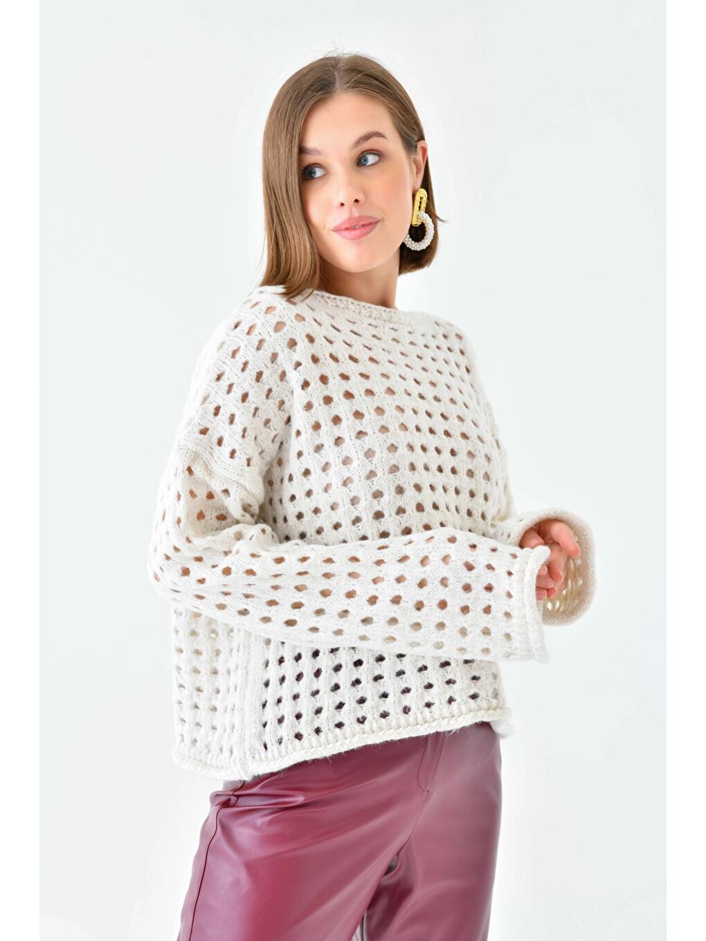 Bej Simli Örgü Detaylı Oversize Bisiklet Yaka Triko Kazak-2