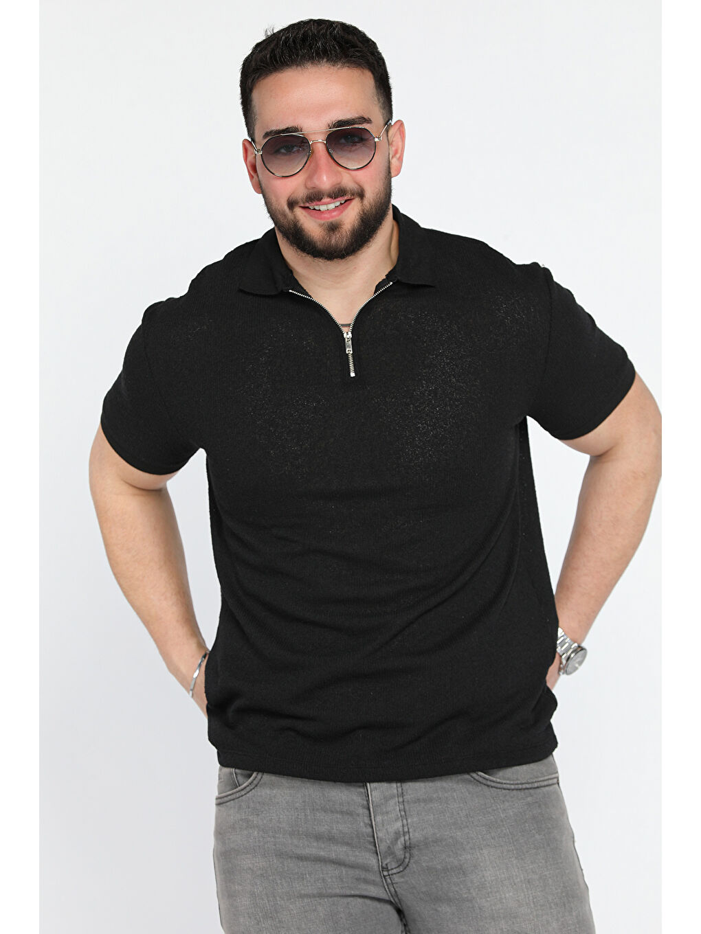 Siyah Erkek Polo Yaka Yarım Fermuarlı Tişört