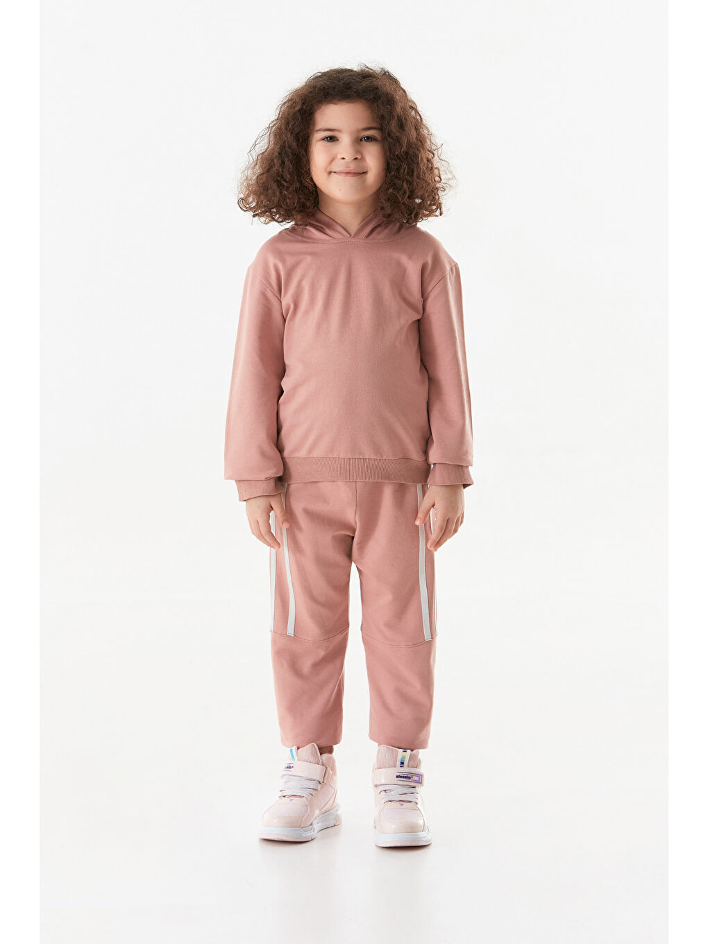 Pembe 100 Pamuk Taşlı Kalp Detaylı Kapüşonlu 2 Li Kız Çocuk Takım-1