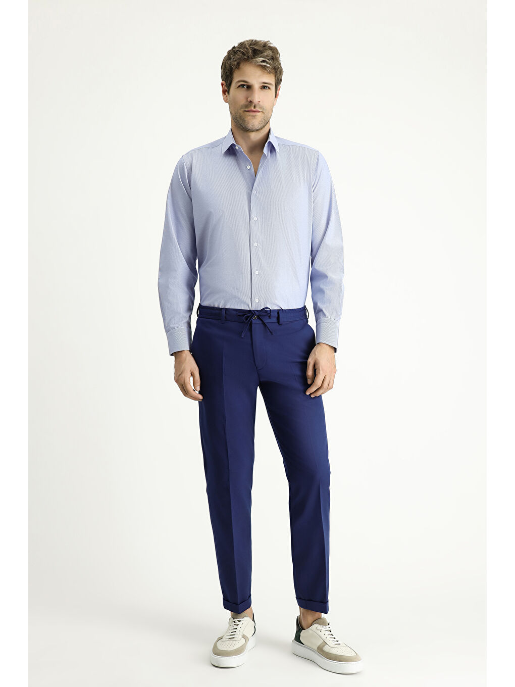 Lacivert Uzun Kol Klasik Çizgili Pamuklu Kolay Ütülenebilir Gömlek-1